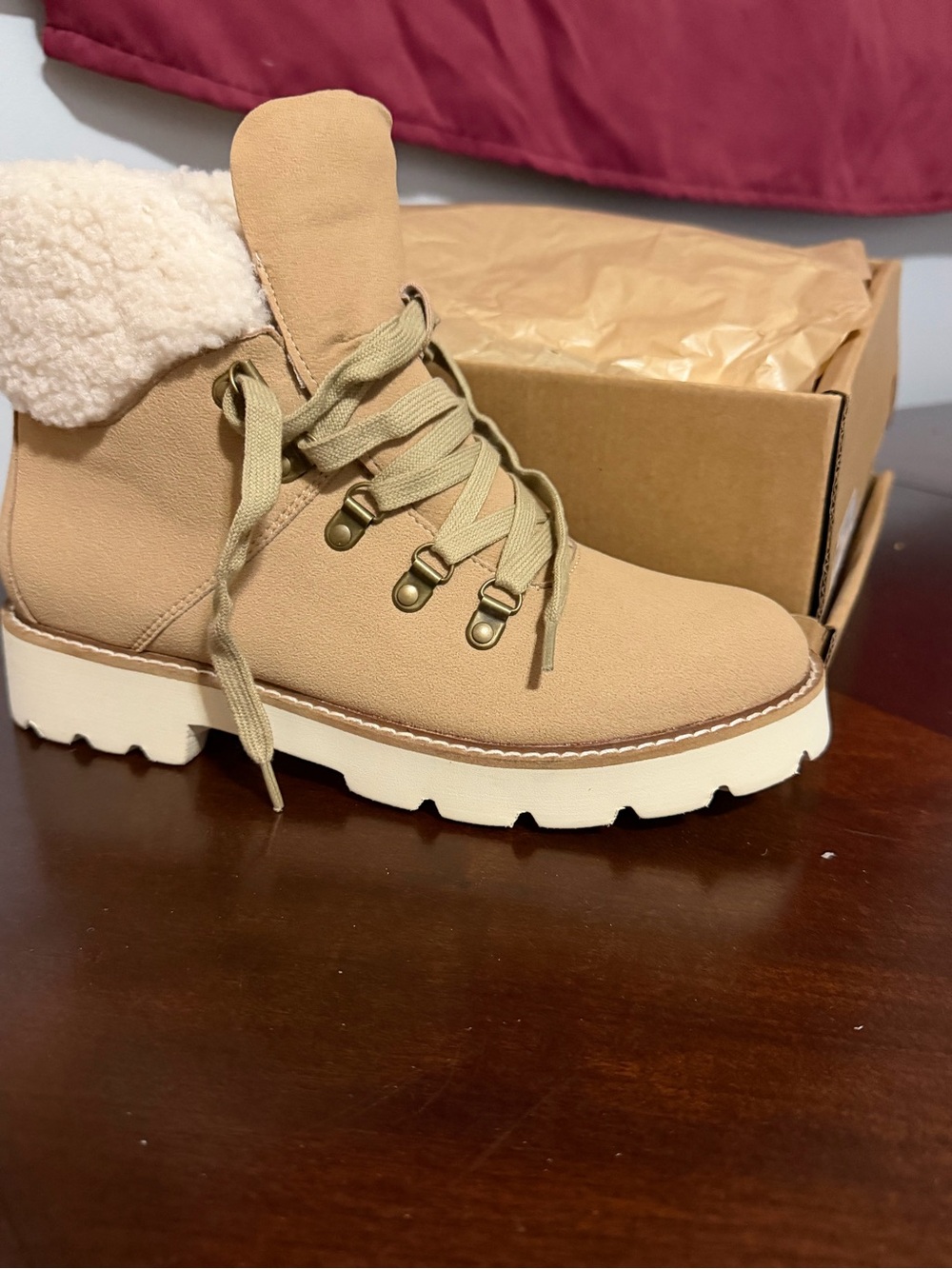 Oasis Women's Beige Lace-Up Faux Shearling Boot